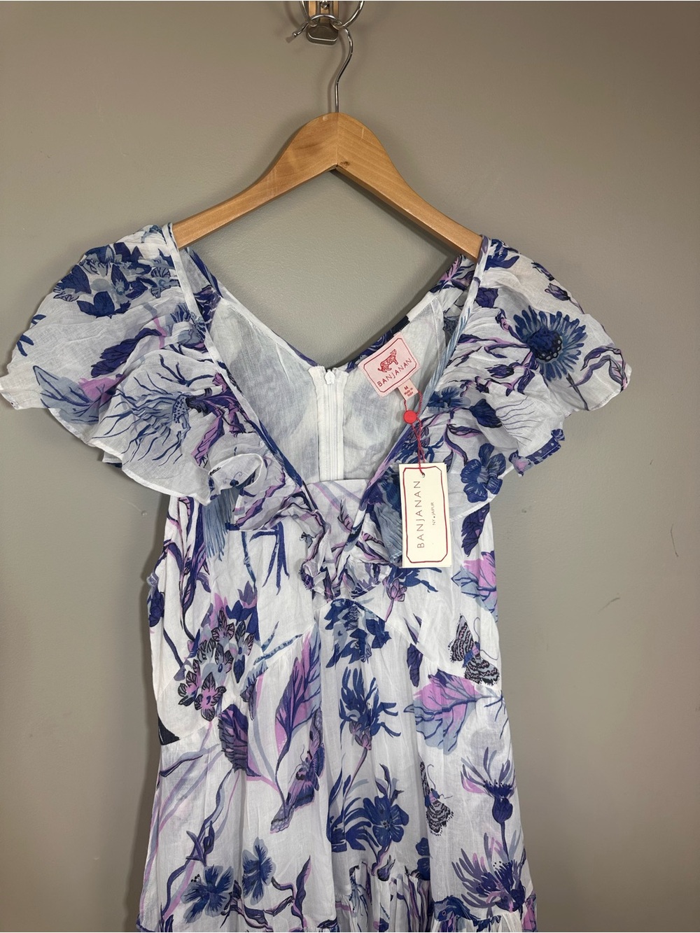 Banjanan White Maxi Dress with Blue Floral Print 100% Cotton Gladys - Picture 3 of 14